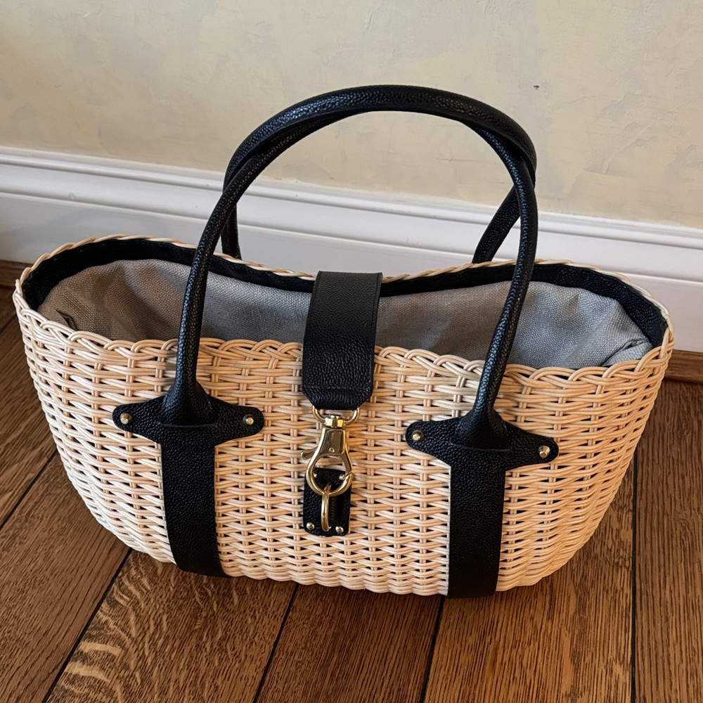 Leather and Raffia Basket Tote